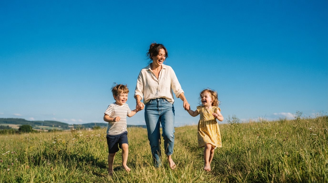 A mother and two children running through open grass under a wide sky